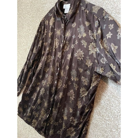 Silk Club Collection Woman’s Silk Button Up Tropical Print Long Sleeve Blouse M - Picture 2 of 6